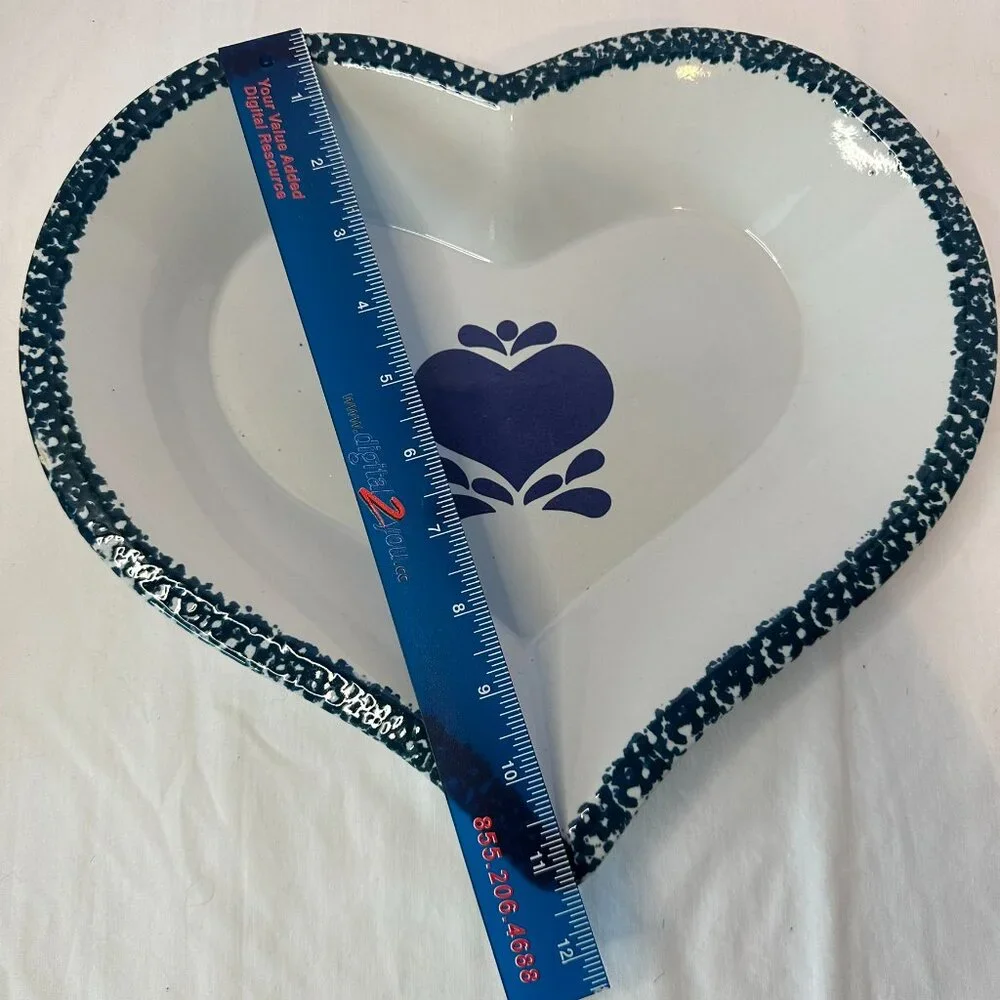 Stoneware Heart shaped Pie/Cake Baking Dish; Blue & White Glazed Ceramic Vintage